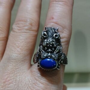 🐉 Sterling Silver Handmade Asian Dragon Ring w/ Blue Stone – Size 9.5